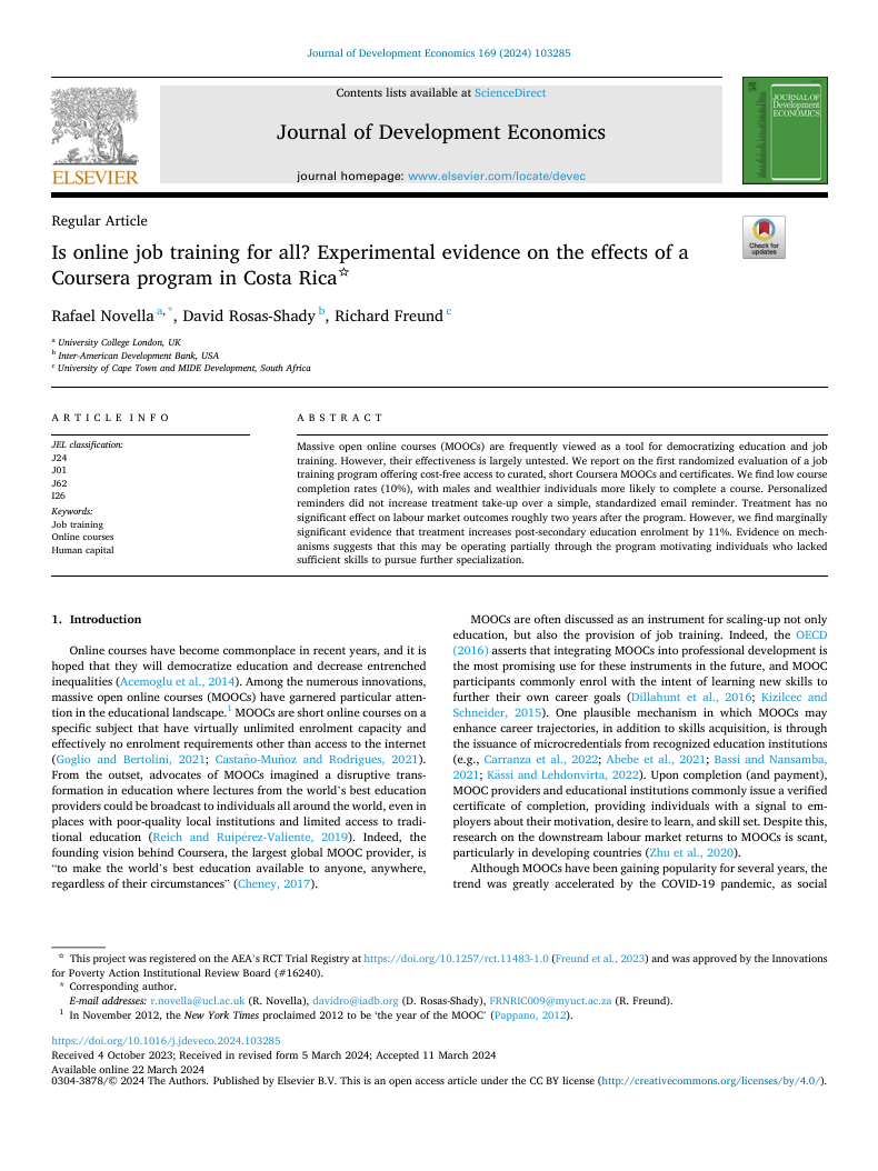 Is online job training for all? Experimental evidence on the effects of a Coursera program in Costa Rica